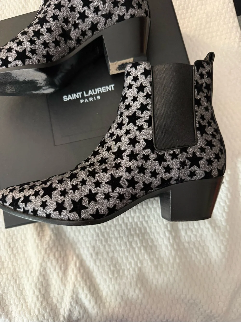 Yves Saint Laurent Silver and Black Star-Print Ankle Boots